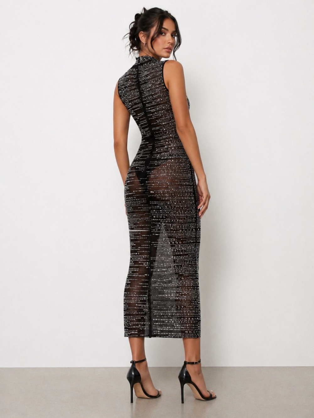 Sheer Black & Silver Rhinestone Midi Dress | High Neck Bodycon | S/M - Picture 2 of 3
